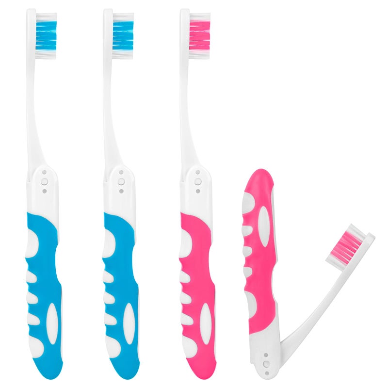 4Pcs Folding Toothbrush Travel Toothbrush Set Portable Soft Toothbrush Small Foldable Travel Toothbrushes for Travels Camping Hiking (Pink and Blue)